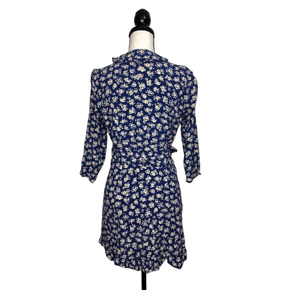 Sezane Dress Asianne Cara Antique Floral Wrap Mini Navy Blue Ruffle French 38 - Picture 3 of 13